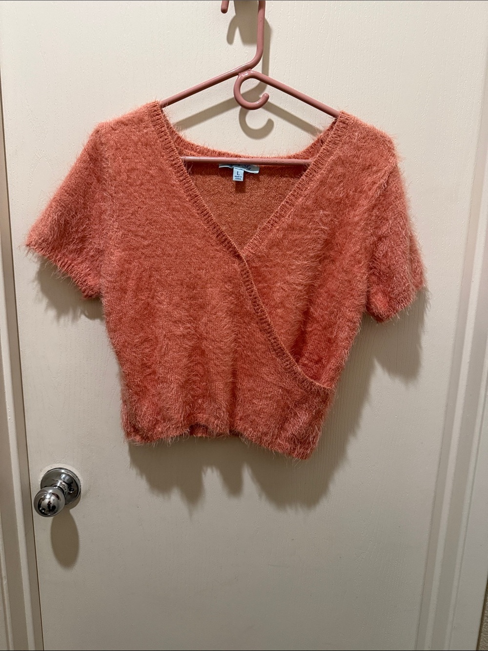 She + Sky Coral Fuzzy V-Neck Wrap Sweater